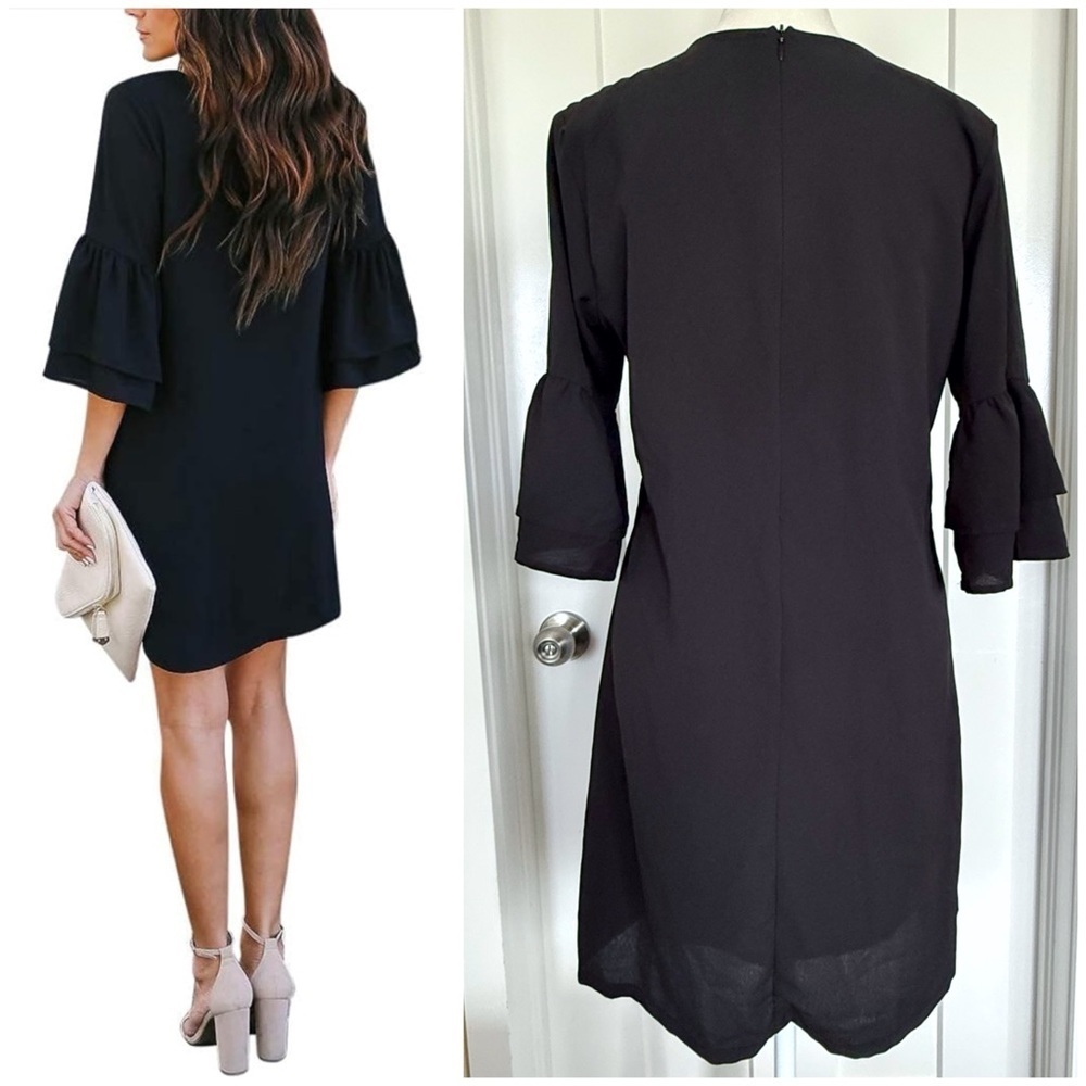 Belongsci Black V-Neck Bell Sleeve Shift Dress – Size XS - Picture 3 of 5